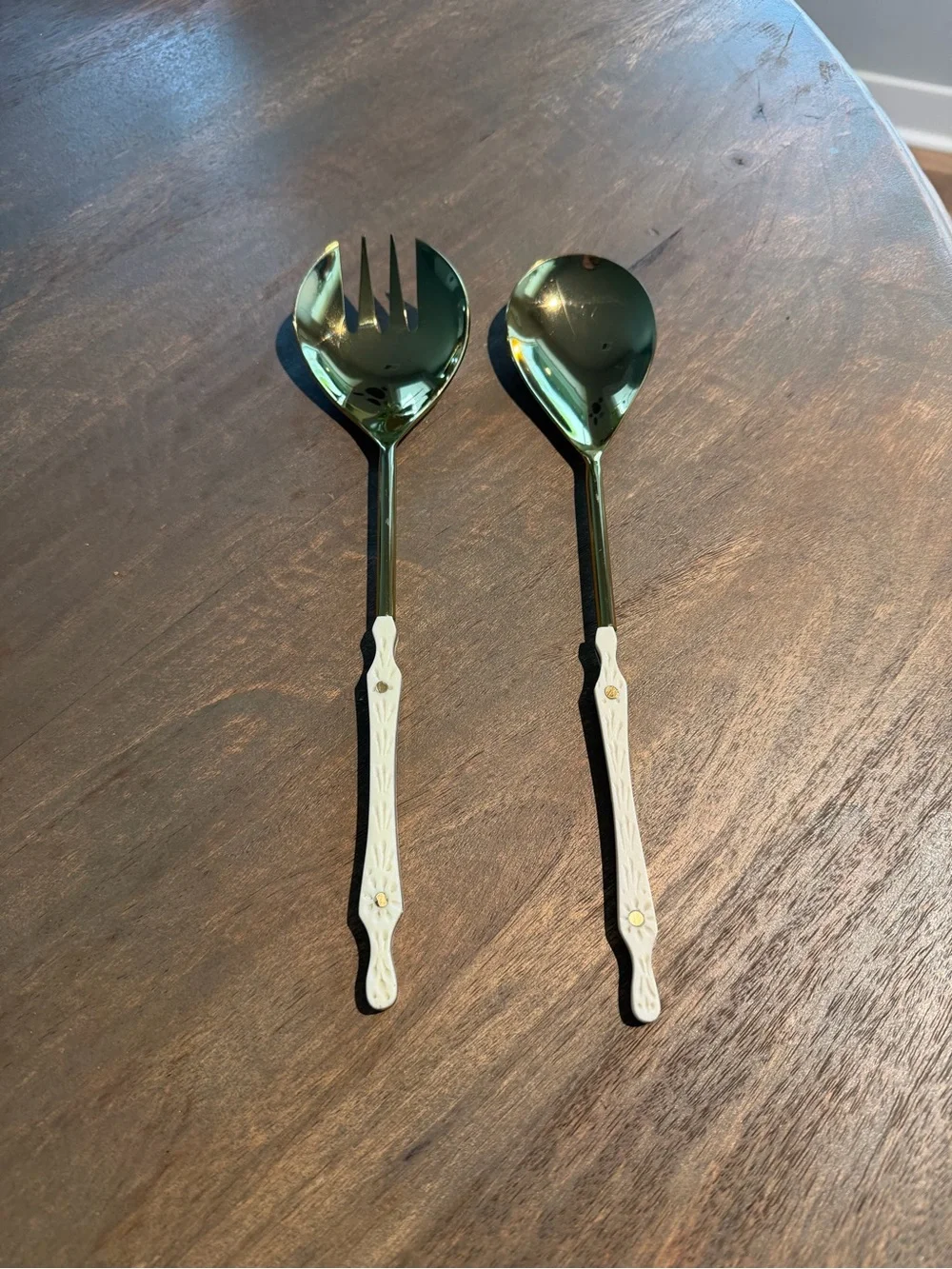 Anthropologie Gold Serving Spoons with Cream Decorative Handles
